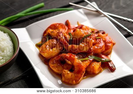 Asian Style Ketchup Shrimp Closeup View.