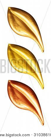 Creative brushstrokes of gold paint isolated on a white background. Gold paint texture.Acrylic gold paint. Smears of cosmetics, blush, highlighter, eye shadow, lipstick.