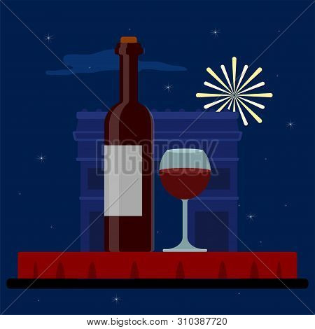 Colored French Landscape At Night With The Arch Of Triump - Vector