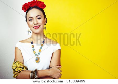 Young Pretty Mexican Woman Smiling Happy On Yellow Background, Lifestyle People Concept