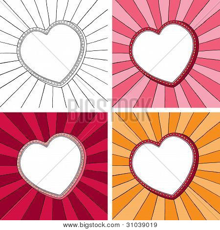 Doodle heart frame with sunbeam radial background