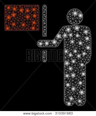 Bright Mesh Leader With Flag With Glitter Effect. Abstract Illuminated Model Of Leader With Flag Ico