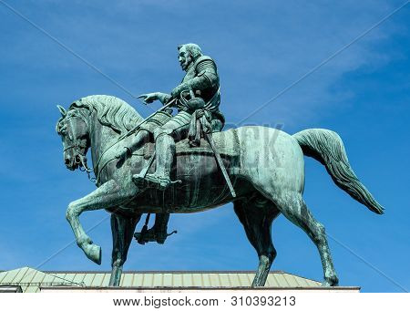 Munich, Bavaria, Germany - May 18, 2019.  Equestrian Statue Of Churfürst Von Bayern Maximilian L Aga