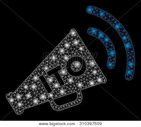 Glowing Mesh Ito Alert Megaphone With Glare Effect. Abstract Illuminated Model Of Ito Alert Megaphon