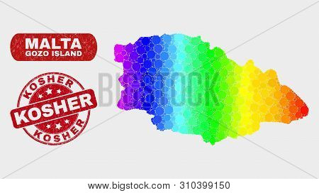 Spectral Dot Gozo Island Map And Seal Stamps. Red Rounded Kosher Grunge Seal Stamp. Gradiented Spect