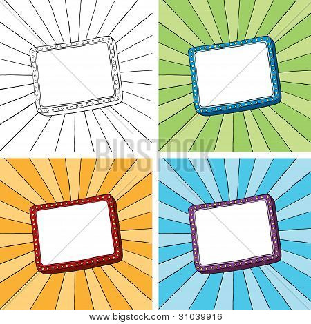 Doodle rectangle frame with sunbeam radial background