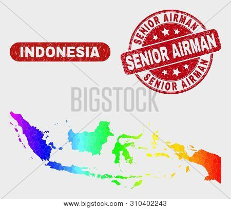 Rainbow Colored Dot Indonesia Map And Seal Stamps. Red Rounded Senior Airman Scratched Stamp. Gradie