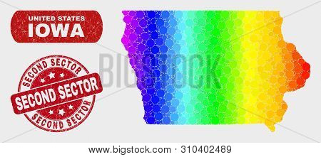 Spectral Dot Iowa State Map And Seals. Red Round Second Sector Grunge Stamp. Gradient Spectrum Iowa 