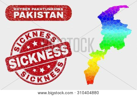 Spectral Dotted Khyber Pakhtunkhwa Province Map And Stamps. Red Rounded Sickness Distress Stamp. Gra