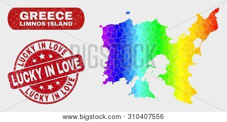 Spectrum Dotted Limnos Island Map And Seal Stamps. Red Rounded Lucky In Love Scratched Seal Stamp. G
