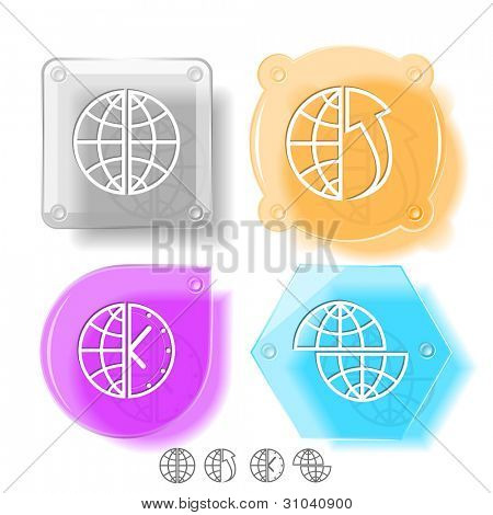 Affaires jeu d'icônes. Globe, globe et tableau vers le haut, déplacer le globe, globe et horloge. Boutons de verre. Vecteur il