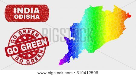 Rainbow Colored Dot Odisha State Map And Rubber Prints. Red Round Go Green Grunge Stamp. Gradient Ra