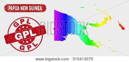 Rainbow Colored Dot Papua New Guinea Map And Rubber Prints. Red Rounded Gpl Distress Seal Stamp. Gra