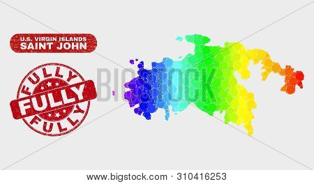 Rainbow Colored Dotted Saint John Island Map And Seals. Red Rounded Fully Distress Seal. Gradient Ra