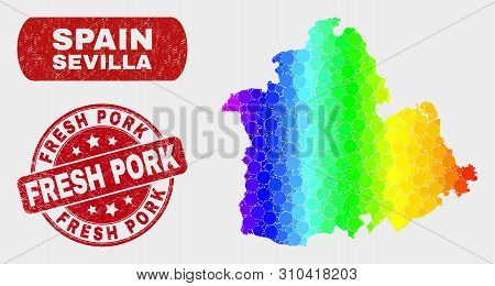 Spectrum Dotted Sevilla Province Map And Seal Stamps. Red Round Fresh Pork Scratched Seal. Gradiente