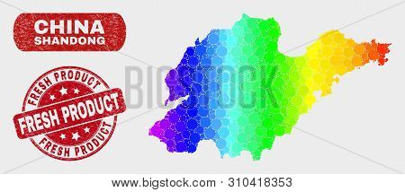 Spectrum Dotted Shandong Province Map And Stamps. Red Round Fresh Product Distress Watermark. Gradie