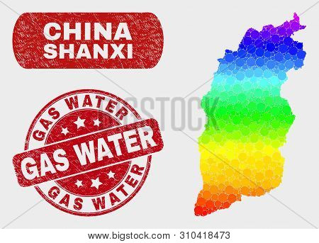 Spectrum Dotted Shanxi Province Map And Seal Stamps. Red Rounded Gas Water Distress Seal Stamp. Grad