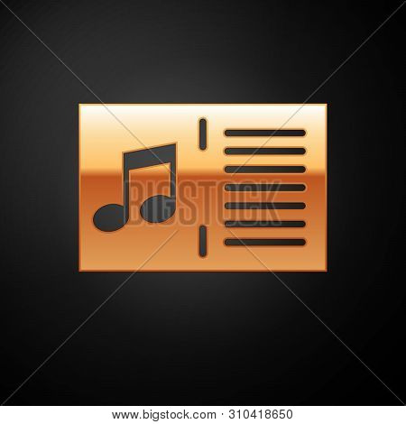 Gold Music Book With Note Icon Isolated On Black Background. Music Sheet With Note Stave. Notebook F