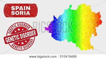 Rainbow Colored Dot Soria Province Map And Seal Stamps. Red Rounded Genetic Disorder Textured Seal S