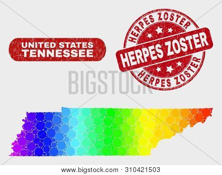 Rainbow Colored Dotted Tennessee State Map And Rubber Prints. Red Rounded Herpes Zoster Textured Wat