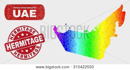 Rainbow Colored Dotted United Arab Emirates Map And Stamps. Red Rounded Hermitage Scratched Seal Sta