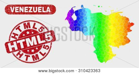 Spectrum Dotted Venezuela Map And Seals. Red Round Html5 Scratched Seal. Gradient Spectrum Venezuela