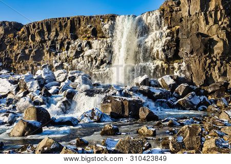 Beautiful Oxararfoss Waterfall In Summer, Thingvellir National Park, Iceland