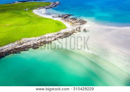 Aerial View Of The Awarded Narin Beach By Portnoo And Inishkeel Island In County Donegal, Ireland