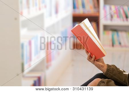 In The Library - Teenage Girl Student With Books Reading In A High School Library.