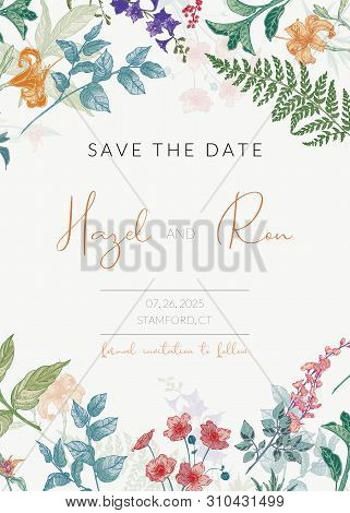 Botanical Wedding Invitation Template With Hand Drawn Herbs And Flowers. Colored Save The Date Card 
