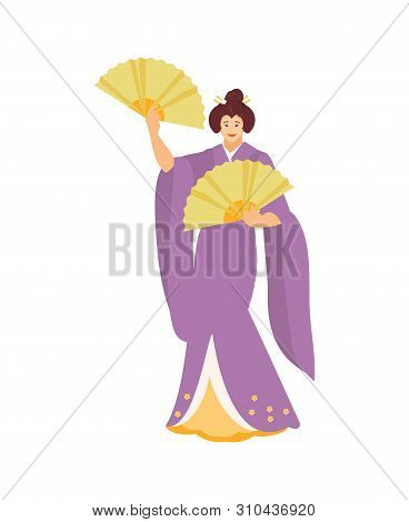 Japanese Geisha In Traditional Clothes Dancing With Fans. Welcome To Japan. Vector Illustration