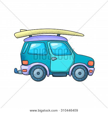 Off-roader And Surfing Board. Suv Car Or Jeep Isoated. Travel Vehicle Vector Illustration On White B