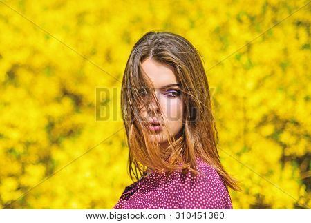 Summer Blooming Trees And Yellow Flowers. Fashion Beauty. Natural Beauty Makeup. Hair Fashion. Prett