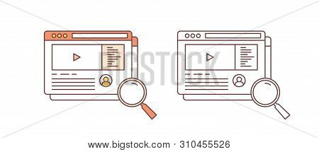 Bundle Of Windows With Online Video Streaming Or Broadcasting Service And Magnifying Glass. Software