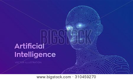 Artifactial Intelligence Concept. Ai Digital Brain. Abstract Digital Human Face. Human Head In Robot