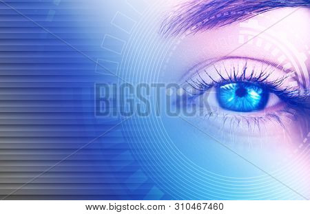 Eye Of The Female On A Dark Abstract Background, Neon Holograms, Retina Scanner