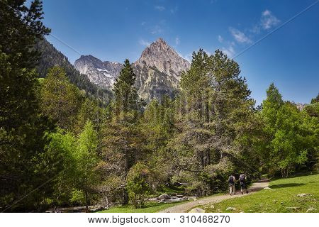 Road In A Beautiful Aiguestortes I Estany De Sant Maurici National Park Of The Spanish Pyrenees Moun