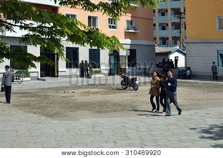 Wonsan, North Korea - May 4, 2019:  Street Scene   In Wonsan, One Of The North Korean Port On The Ea