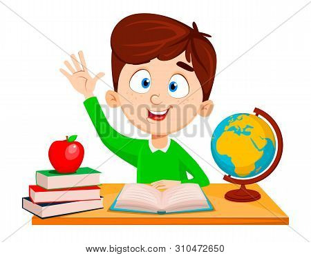 Back To School. Cute Boy Sitting At The Table And Reading Abc Book. Funny Cartoon Character Waving H