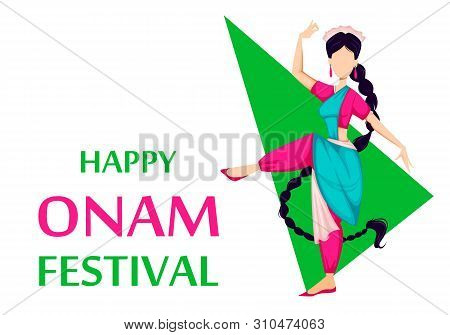 Happy Onam Festival In Kerala. Indian Woman Dancing In Traditional Clothes. Vector Illustration