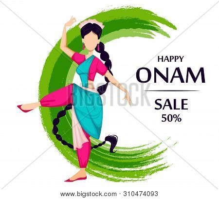 Happy Onam Festival In Kerala. Indian Woman Dancing In Traditional Clothes. Vector Illustration For 