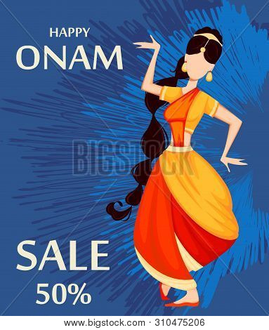 Happy Onam Festival In Kerala. Indian Woman Dancing In Traditional Clothes. Vector Illustration For 