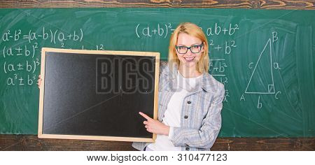 Teacher Show School Information. Teacher Smart Smiling Woman Hold Blackboard Blank Advertisement Cop