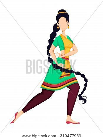 Happy Onam Festival In Kerala. Beautiful Indian Woman Dancing In Traditional Costume. Vector Illustr