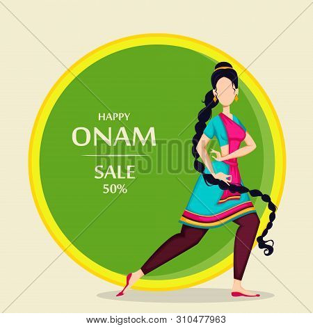 Happy Onam Festival In Kerala. Usable For Sale, Banner, Discount. Beautiful Indian Woman Dancing In 