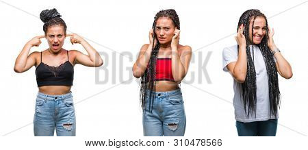 Collage of beautiful braided hair african american woman with birth mark over isolated background covering ears with fingers with annoyed expression for the noise of loud music. Deaf concept.