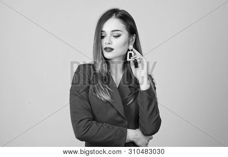 Gorgeous And Stylish. Impeccable Makeup And Perfect Jewelry. Red Suits Her. Pretty Woman Make Up Fac