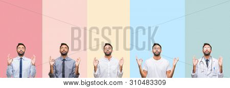 Collage of handsome man over colorful stripes isolated background relax and smiling with eyes closed doing meditation gesture with fingers. Yoga concept.