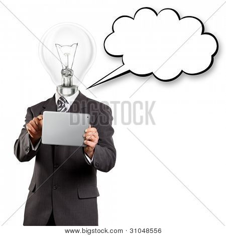 Идея Концепция, лампа головы бизнесмен с touch pad и речи пузырь