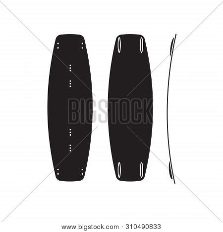 Vector Set Collection Of Black Flat Wake Surf Board Icon Isolated On White Background